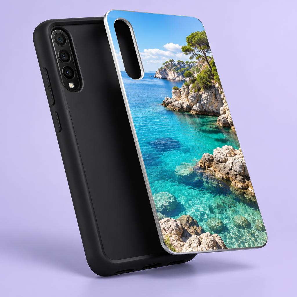 Cover in silicone e placca in alluminio lucido con una foto di viaggio